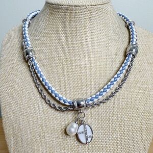 White House Black Market Blue White Leather MOP Necklace With Genuine Pearl 21”